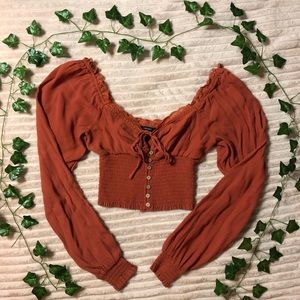 Burnt Orange Blouse with Lace Sweetheart Neckline, Long Bell Sleeves, Forever 21